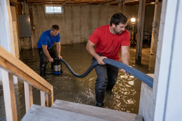 Two technicians in rubber boots wade through dark floodwater in an unfinished basement, one pulling a hose from a submersible pump
