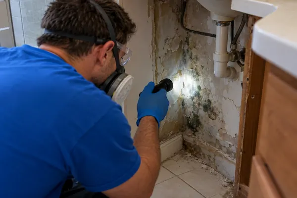 Technician in a respirator shines a flashlight on water-stained, peeling plaster beside a vanity while checking a bathroom wall for moisture