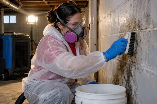 Technician in a respirator and white suit scrubbing dark mold from a concrete block basement wall beside a work lamp and a dehumidifier