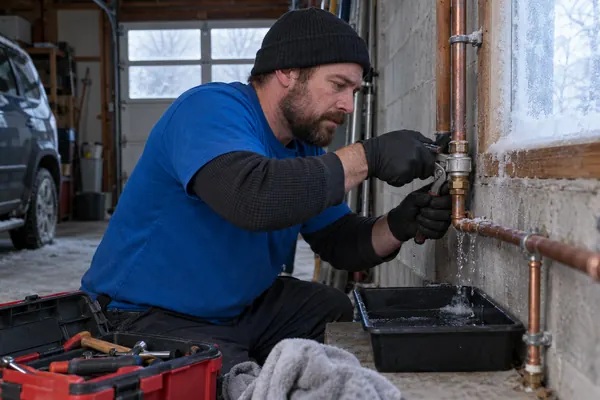 Plumber in a knit cap works a wrench on copper supply lines running along a concrete block wall in a garage, with a drip tray on the floor
