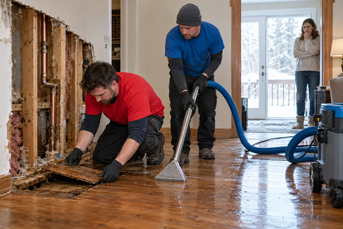 Technician with a wand extractor on a soaked hardwood floor beside an opened wall while a homeowner watches from the doorway