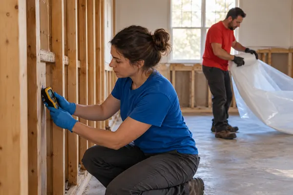 Technician pressing a moisture meter against exposed wall studs while a coworker lays plastic sheeting over the floor in the background