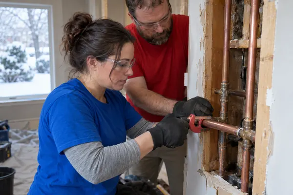 Two technicians in blue and red shirts repair copper supply pipes inside an opened wall cavity beside a window with snow outside