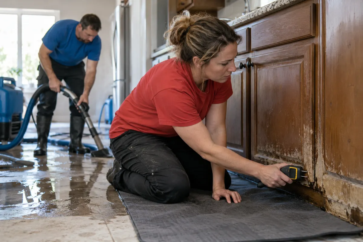 Technician in rubber boots extracts water from a wet kitchen floor while a coworker kneels with a moisture meter at the water-damaged lower cabinets